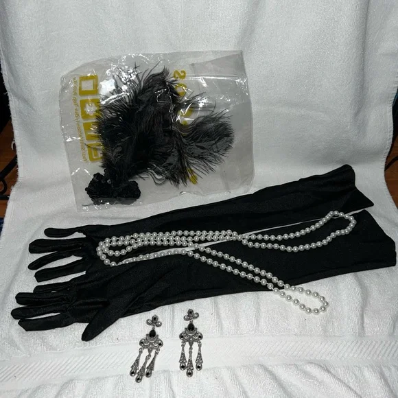 NWT Set Women’s flapper dress XL w gloves, faux Pearls, head piece, and earrings - Picture 3 of 8